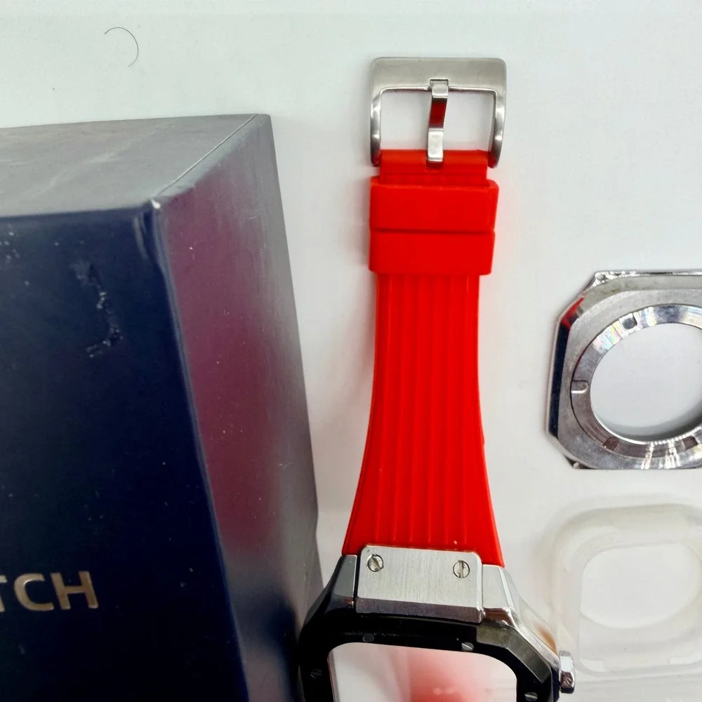 Mod Kit Case for Apple Watch 44-45mm Stainless Steel Rubber Strap Red Excellent